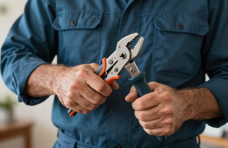 Close-up of a professional maintenance technician's hands holding high-quality tools in a North American / US (Southeast) home setting. The technician wears a Dark Slate Teal uniform.