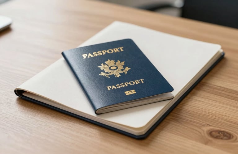 A passport and an official professional folder resting on a clean wooden desk in a bright International / Australasian office setting. Professional, trustworthy aesthetic with Frosted Off-White tones.