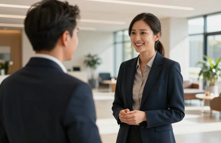 A professional consultant offering a supportive greeting to a client in a modern, light-filled lobby. International / Australasian setting, warm natural lighting, with Deep Charcoal Navy clothing accents.