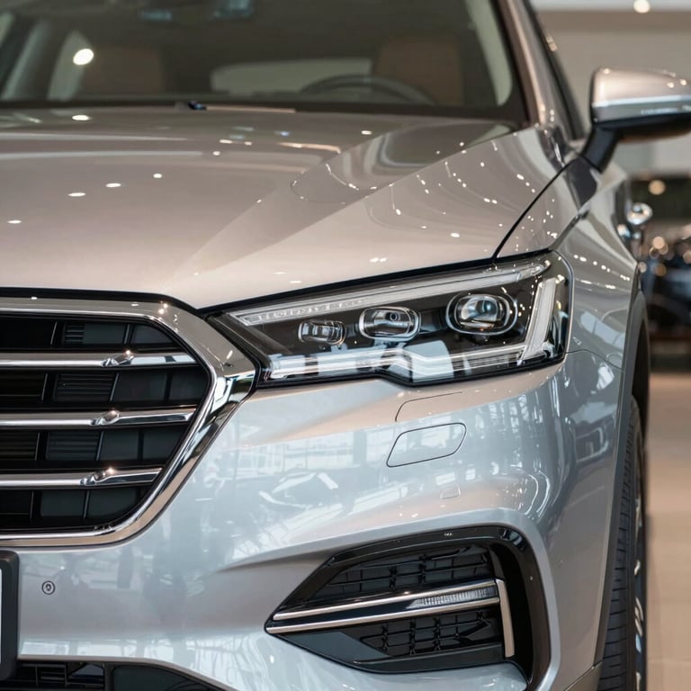Close-up photography of a sleek chrome car grille and headlights, reflecting a clean dealership environment, sharp focus, professional lighting.