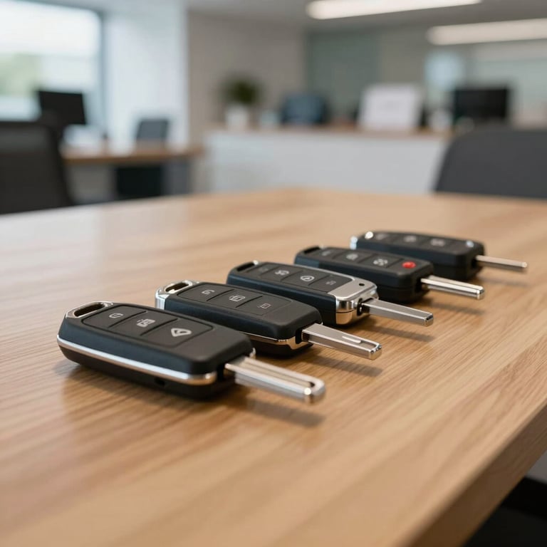A row of modern car keys on a wooden desk in a professional dealership office, Central European office decor, sharp focus, professional atmosphere.