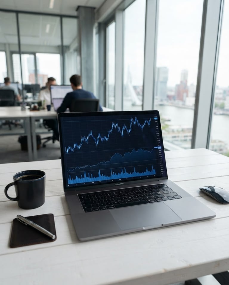 Sleek professional laptop showing clean financial charts on a white wooden desk, bright natural daylight, soft shadows, Rotterdam office setting