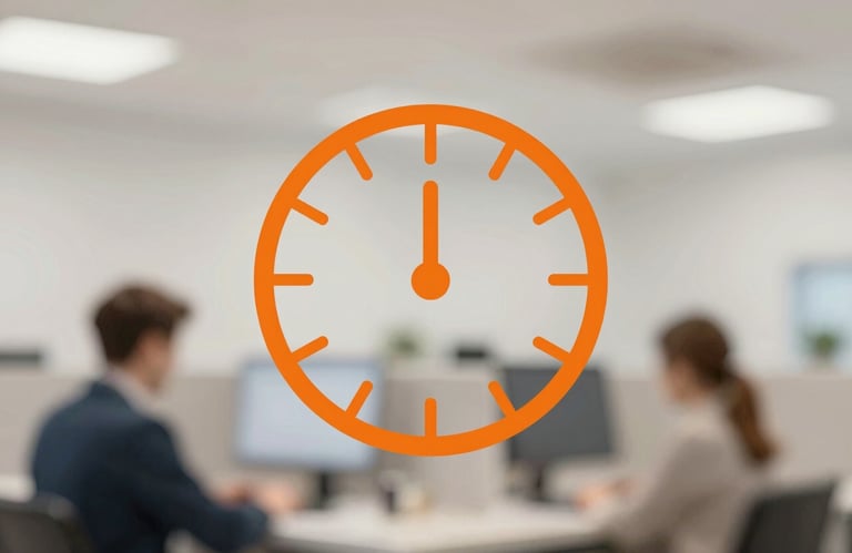 A minimalist orange clock icon representing fast service and reliability, professional graphic style.