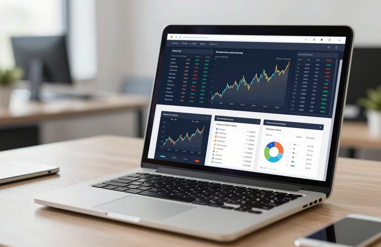 A high-performance laptop showing a dashboard of financial growth charts and management metrics in a clean office setting.