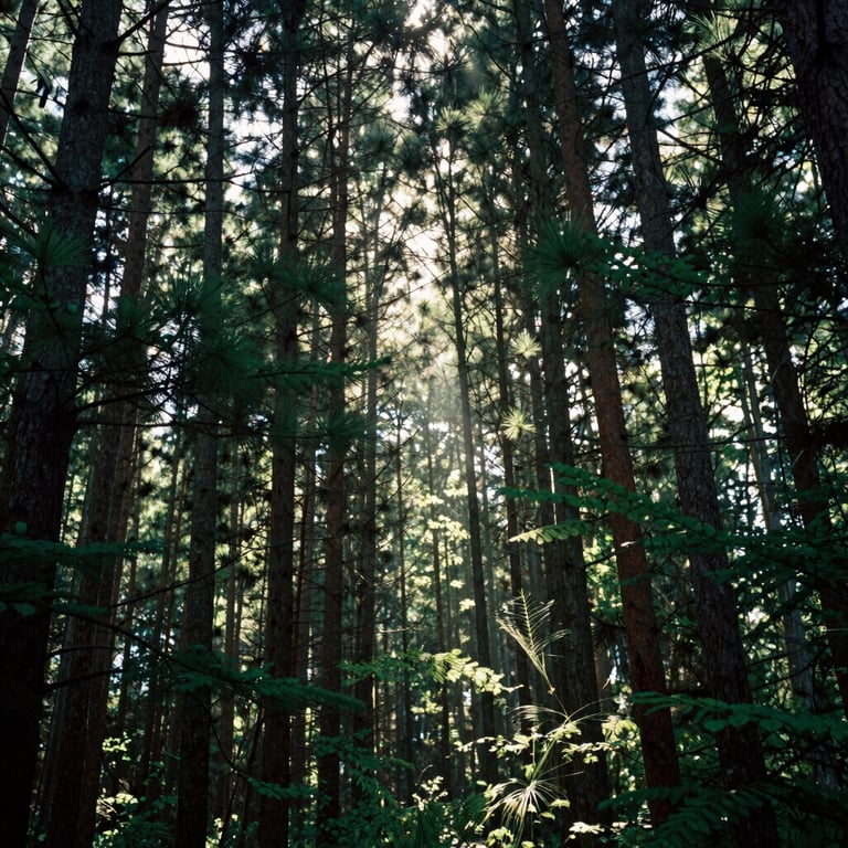 A dense canopy of tall pine trees with sunlight beams piercing through the branches, North American woodland, deep green palette. No people.