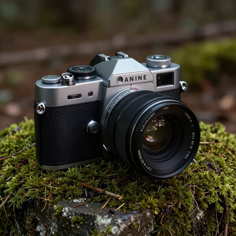 A professional close-up of a high-end rangefinder sitting on a mossy stone in a North American forest, earthy brown and dark green tones. No people.