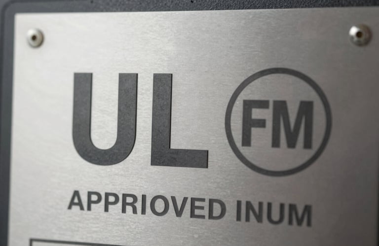 Close-up of official UL and FM approval certifications embossed on a professional industrial metal plaque, representing safety standards and engineering excellence.