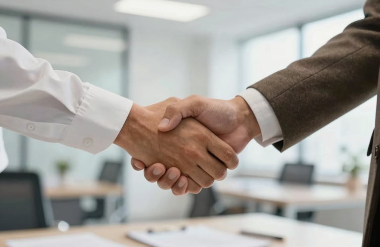 A symbolic close-up of two people shaking hands over a business contract in a bright, modern office in Ayodhya. Trustworthy atmosphere with #B78759 and #4A2D2A tones.