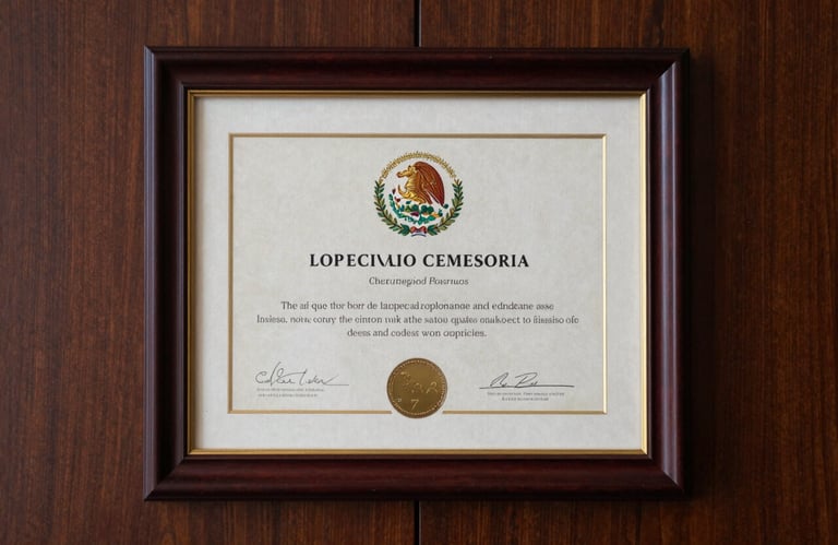 Close-up of a framed official certificate on a dark wood wall in a North American / Mexican executive office, elegant studio lighting, reflecting professionalism.