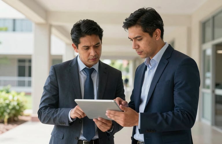 Two engineers in business attire discussing a project over a tablet in a bright North American / Mexican university hallway, professional interaction.