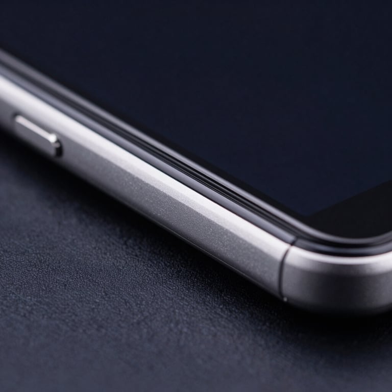 Macro photography of a sophisticated Android device's edge highlighting polished metal and glass in a professional North American environment with dark navy and muted blue lighting.
