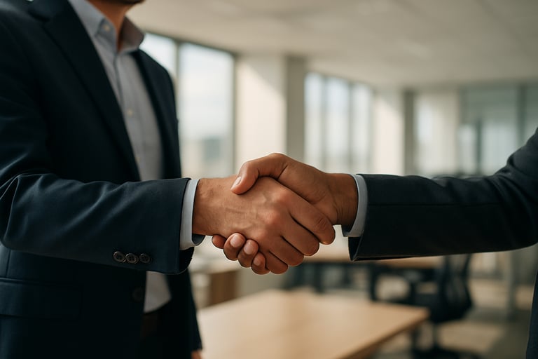 A photograph showing a professional business handshake between two professionals in a bright, modern North American / US office setting.