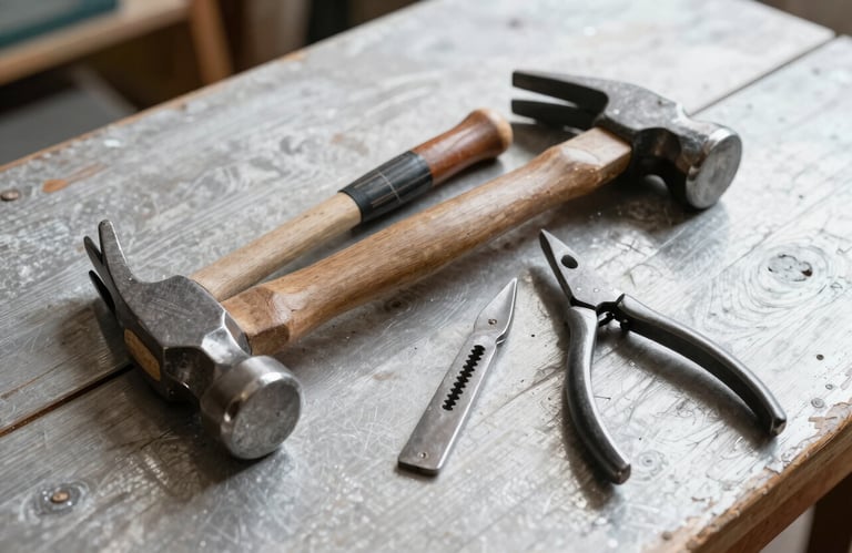 A still life of traditional roofing hammers and zinc snips on a weathered silver wooden table, natural lighting, professional craftsmanship feel, European / French workshop.