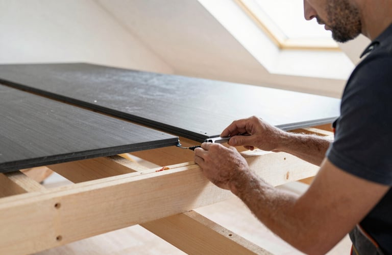 Close-up of a professional installer fitting modern roof insulation panels between beams, precision work, bright and clean indoor attic setting, European / French house.