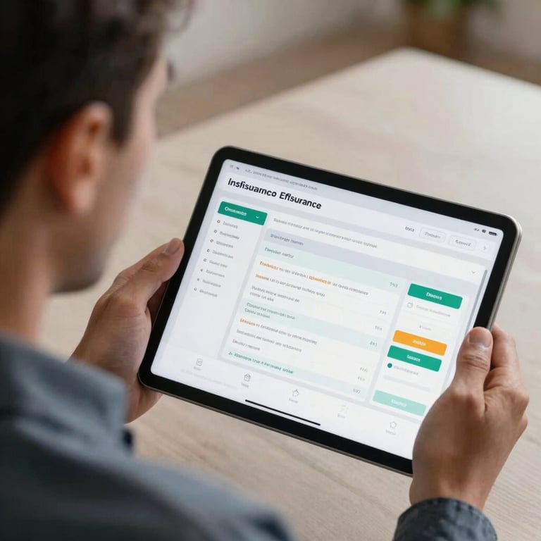 A focused Mexican professional looking at a digital tablet showing clean data, representing efficiency and modern insurance technology.