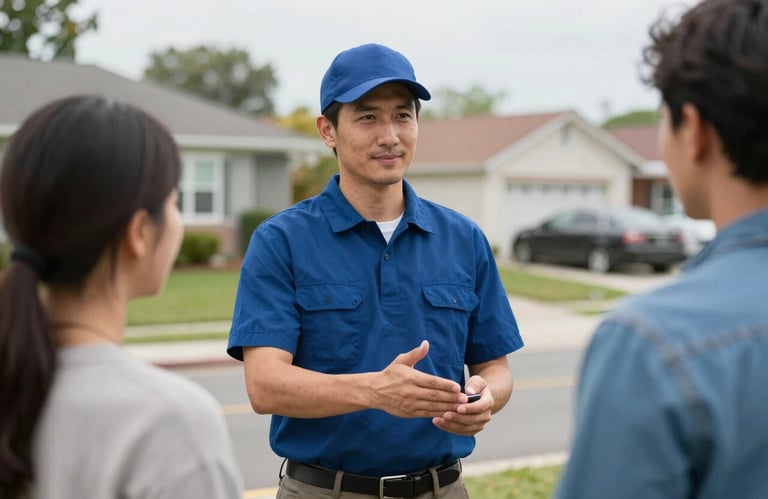 A photograph showing a mobile service technician in professional attire greeting a client in a North American neighborhood with a polite nod, conveying trust and superior customer service.