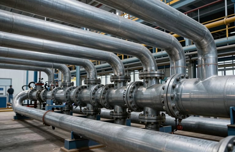 A professional photograph of a completed industrial piping network in a South Asian plant, emphasizing clean lines, steel grey pipes, and robust construction.