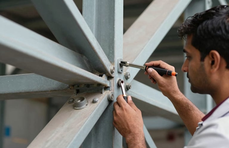 Close-up of a technical specialist in India inspecting the joints of a massive steel industrial structure using precise tools.