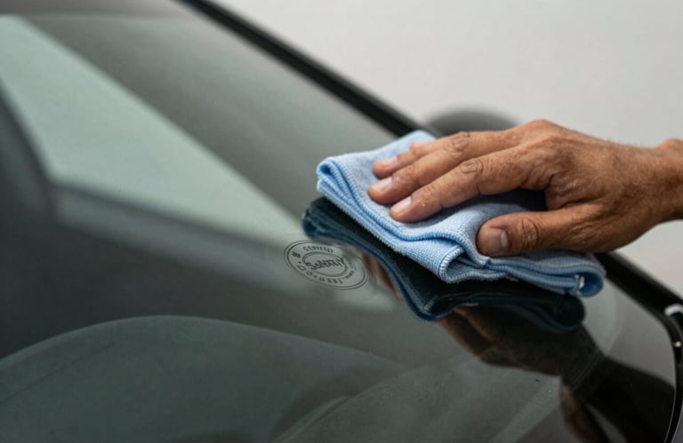 Close-up of a certified safety stamp on a new windshield, with a technician's hand visible in the background using a microfiber cloth. Soft, natural lighting.