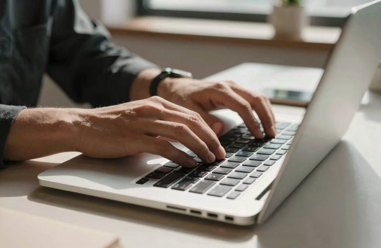 A close-up of a person's hands comfortably typing on a sleek, modern laptop keyboard. The desk is organized and clean, located in a sunlit North American loft apartment with a focus on productivity.