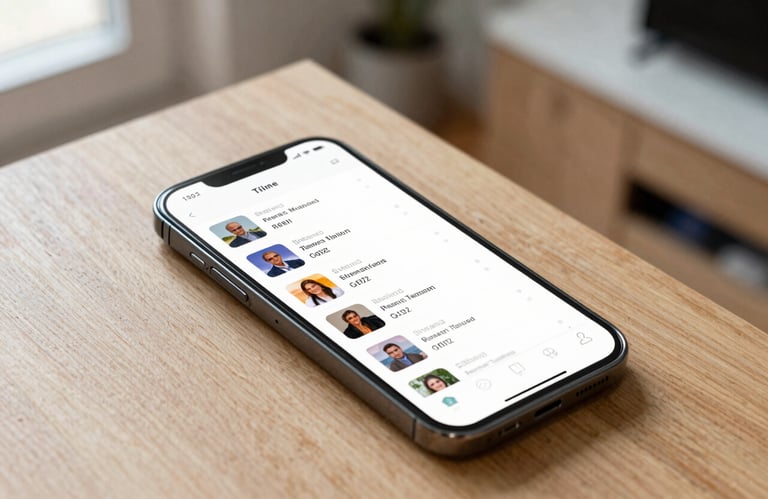 A professional smartphone photography shot showing a clear screen with a mobile game menu. The phone sits on a light wooden surface in a bright North American apartment.