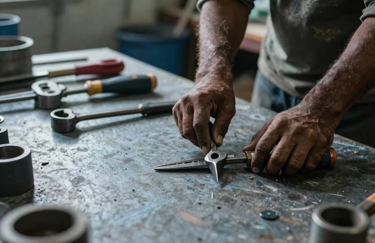 An inspiring shot of a worker's tools resting on a clean workbench in a South Asian / Indian workshop, emphasizing the dignity of labor, soft slate and steel blue lighting.