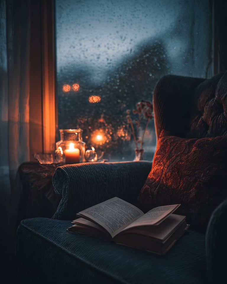 Cozy reading nook with an open book on an armchair by a rainy window with a glowing candle.