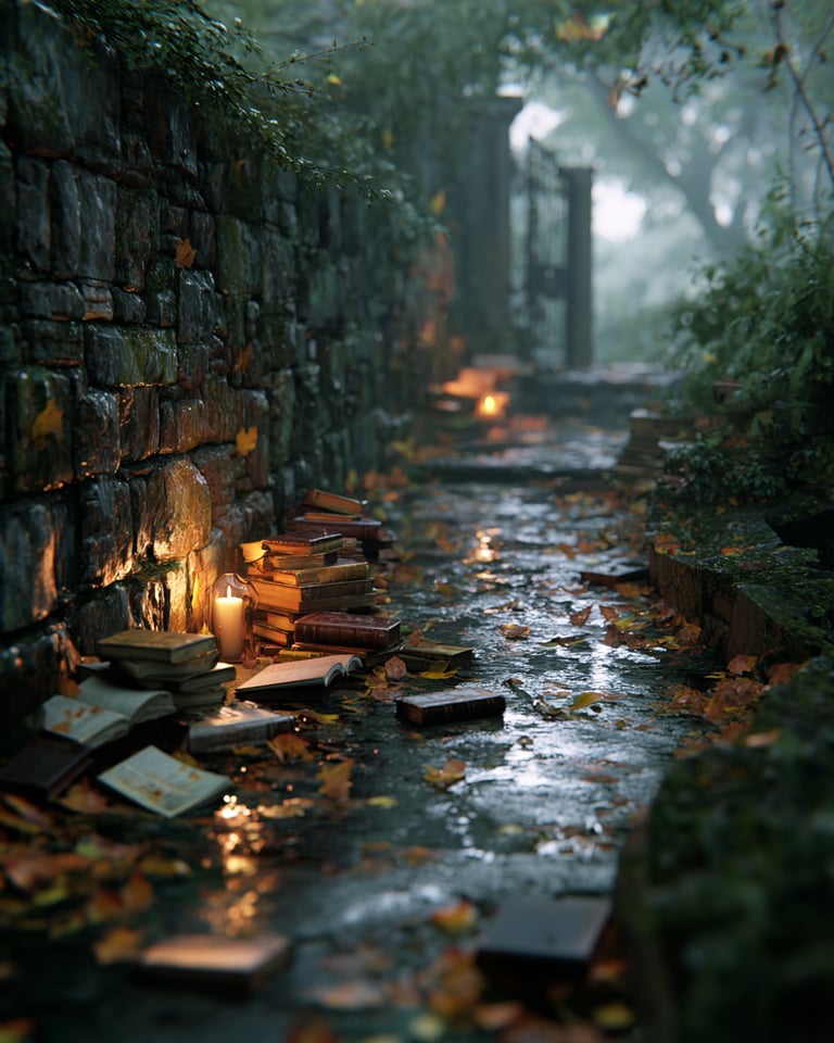 Vintage books and glowing candles along a wet stone path in a moody autumn garden.