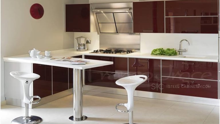Burgundy fronts with stainless steel interiors.