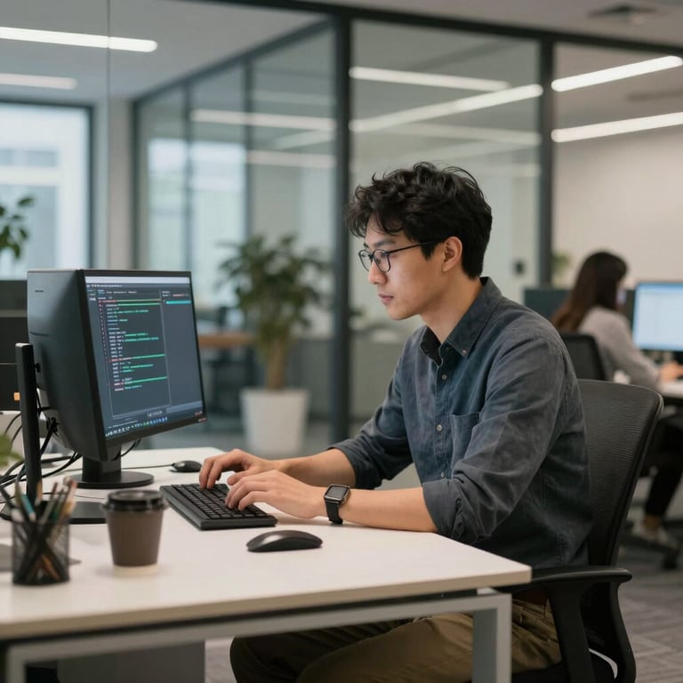 A professional software engineer in casual office wear working at a minimalist desk in a modern, glass-walled North American tech hub.