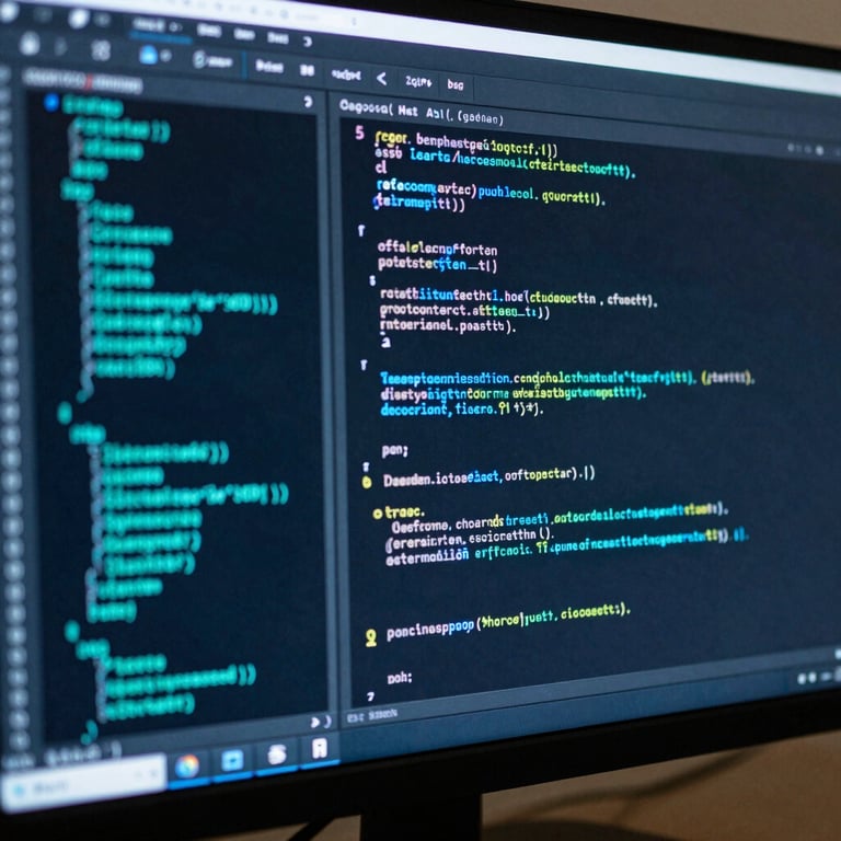 Close-up of a computer monitor displaying complex software code with vibrant neon cyan and light gray syntax highlighting, professional studio setting.