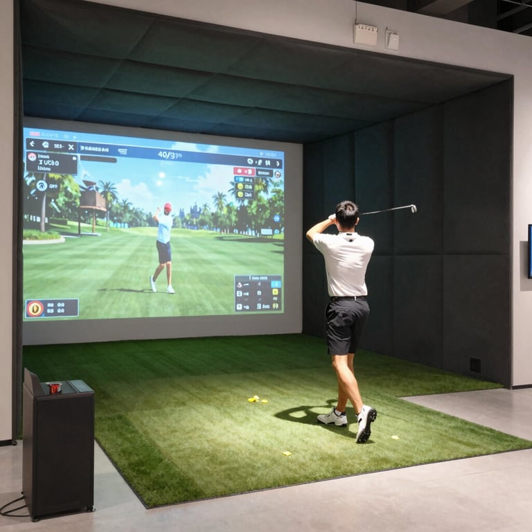 Golf simulator setup with a player swinging indoors in a modern sports bar setting.