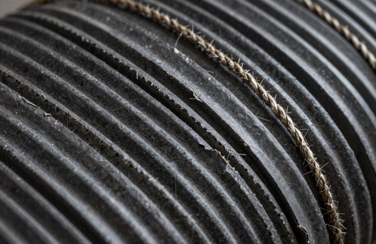 A close-up photograph of corrugated cardboard texture and heavy industrial twine, high contrast, clean industrial photography, dark gray and black tones.