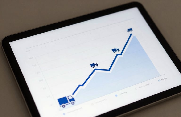 A close-up image of a digital tablet showing a clean, upward-trending financial chart with truck icons, representing profit and growth, professional and crisp.