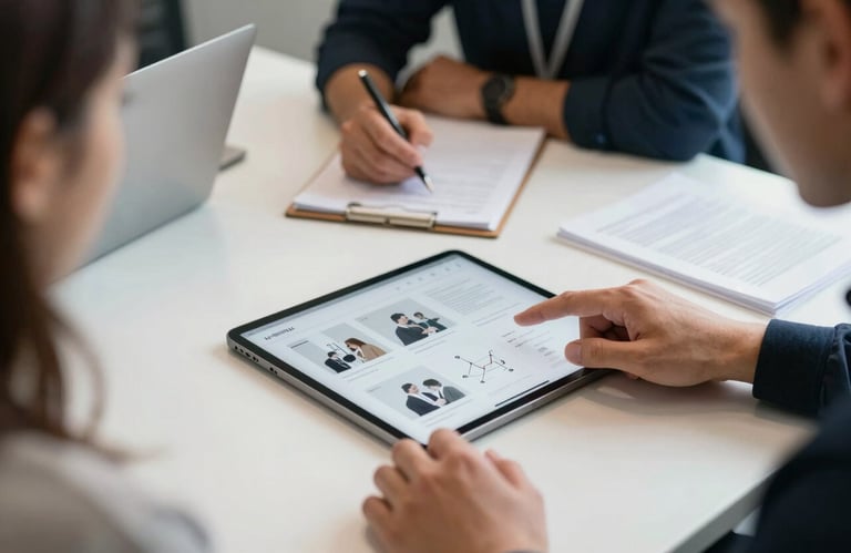 A collaborative design session in a North American / US firm, focusing on a hand pointing to a tablet showing an app storyboard on a white table.
