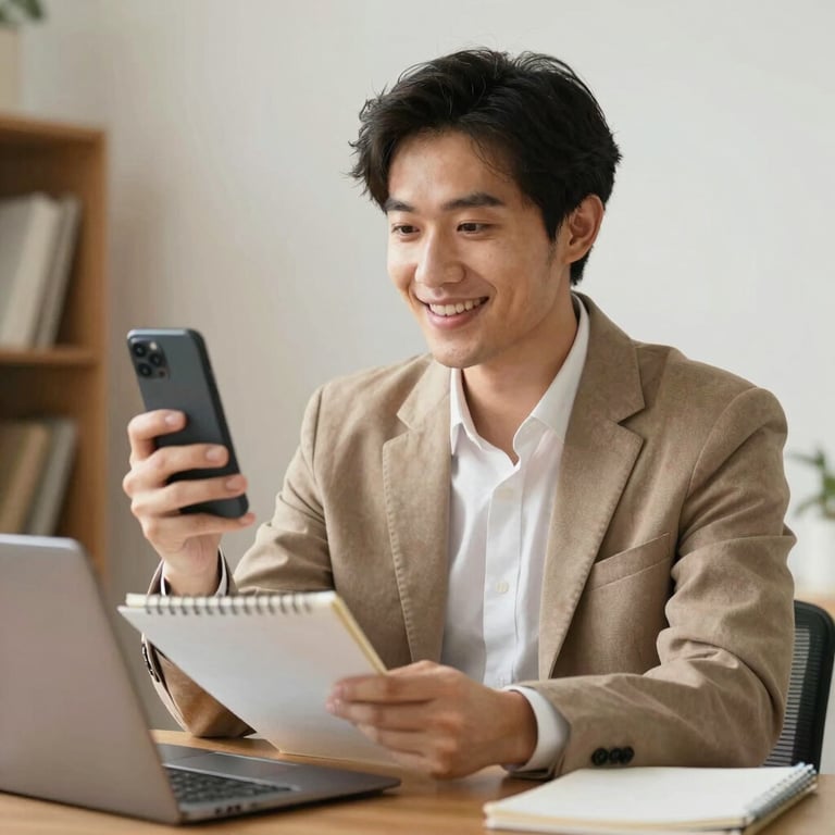 A serene beach scene at sunset with palm trees and calm waves in the background.