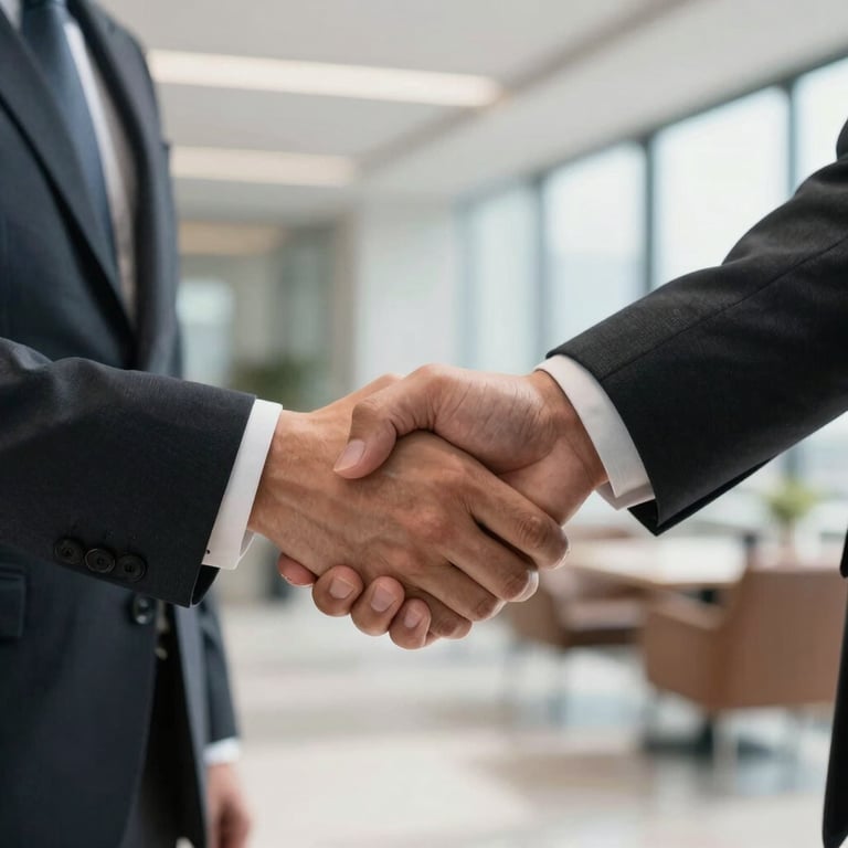 A close-up of a professional handshake between two business partners in a bright North American office lobby, focusing on the commitment and partnership.