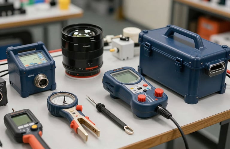A collection of high-end, professional electrical testing tools and safety equipment on a clean surface in a North American / US workshop, featuring brand-matching midnight blue accents.