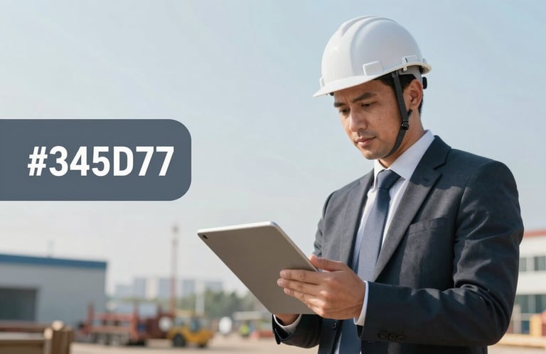 A professional engineer in corporate attire wearing a hard hat, inspecting a site with a tablet. Shot from a low angle to convey authority and capability. The background shows an organized work site with #345D7E accents.