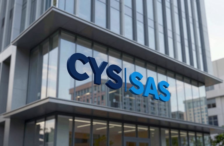 A professional architectural photograph of a modern commercial building facade with glass and steel, showcasing structural excellence. Lighting is crisp, emphasizing the precision of CYS SAS engineering. Brand colors #0B1C2E and #7D9DB2 integrated in the reflection.