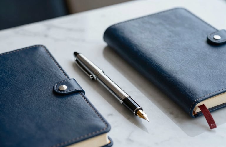 A sharp focus photograph of a silver fountain pen and a leather-bound journal on a white marble desk, deep navy blue and slate blue tones, International Financial Market / Professional.