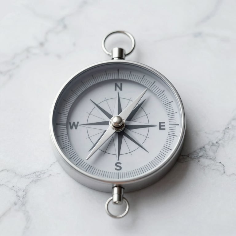 A minimalist and professional abstract image of a global compass on a marble surface. Clean lighting, highlighting #8E9DAA and #F8F9FA.