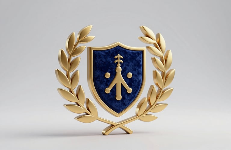 A high-quality 3D icon of a laurel wreath surrounding a university shield, rendered in a metallic gold finish (#C9940A) with navy blue (#0F1E3D) velvet textures. Soft studio lighting on a neutral gray background.