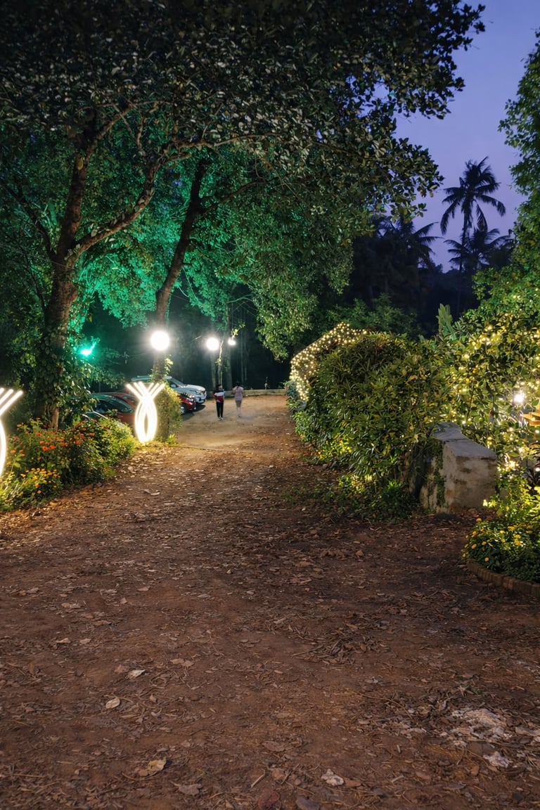 Illuminated garden path at night with decorative string lights and green spotlights on lush trees.