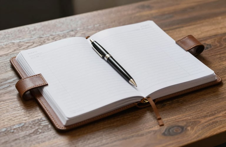 A high-quality image of a leather-bound planner and a luxury pen on a wooden desk, signifying organized leadership and professional planning. Palette: #1C2D3B and #F6F8FA.