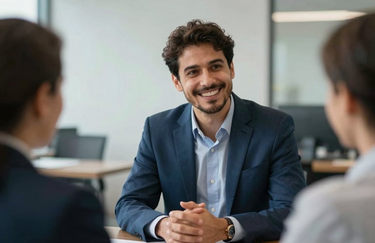 A portrait of a professional and welcoming consultant in a Brazilian financial firm, engaging in a friendly conversation. Palette of medium blue and light gray.