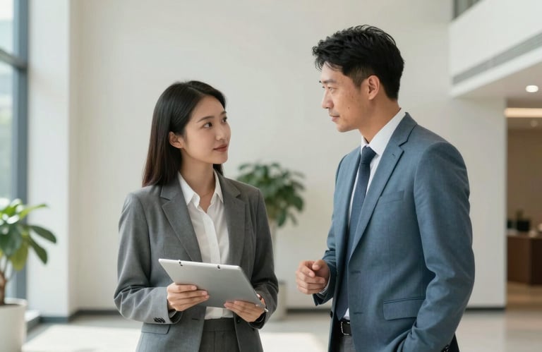 Two business partners in professional attire collaborating in a bright, modern North American / US lobby, off-white walls and muted slate blue decor.