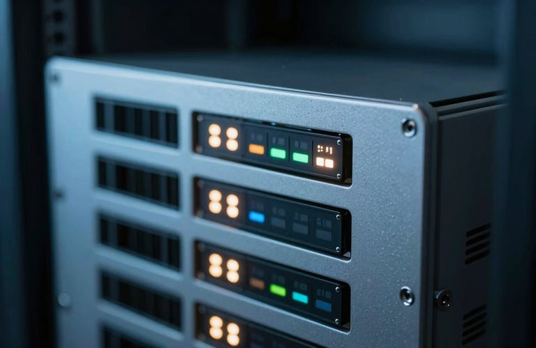 Close-up of a high-tech data processor with glowing indicators in a North American / US server room, soft steel blue light, innovative and modern.