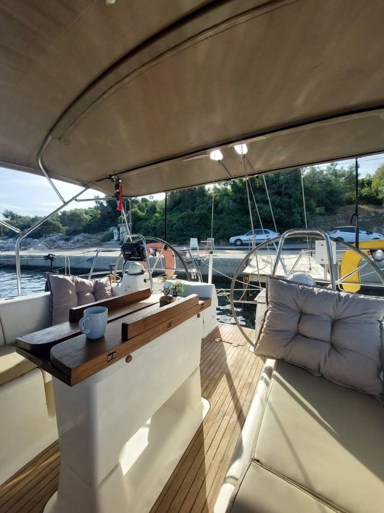 Comfortable cockpit seating aboard Sail Boat Christina during a private yacht charter in Halkidiki