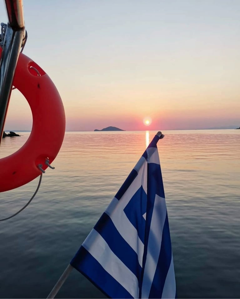 Sunset view from Sail Boat Christina during a private sailing cruise in Halkidiki